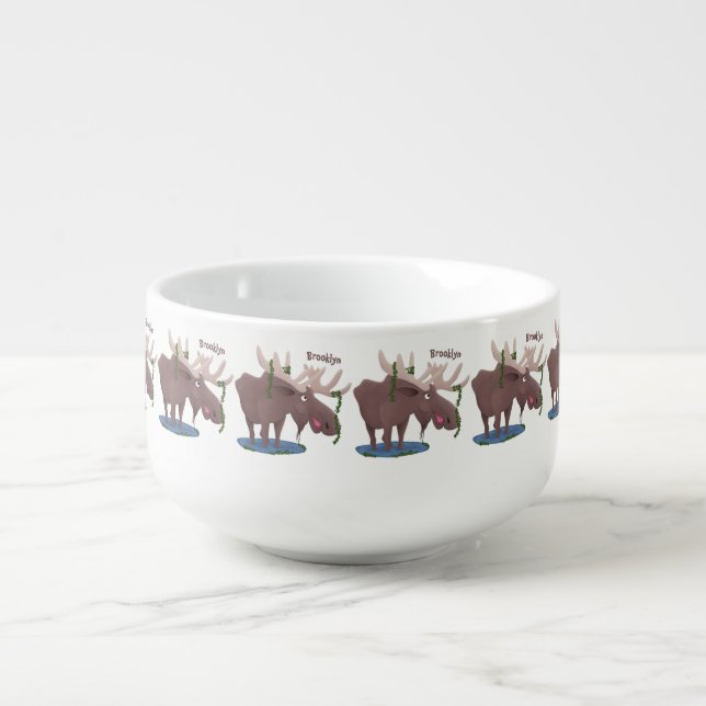 Funny happy moose cartoon illustration soup mug (Front)