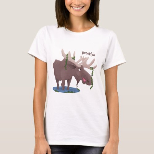 Funny happy moose cartoon illustration T_Shirt