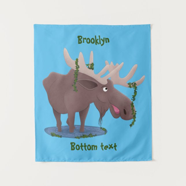 Funny happy moose cartoon illustration tapestry (Front)