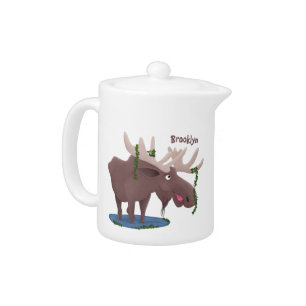 Funny happy moose cartoon illustration teapot