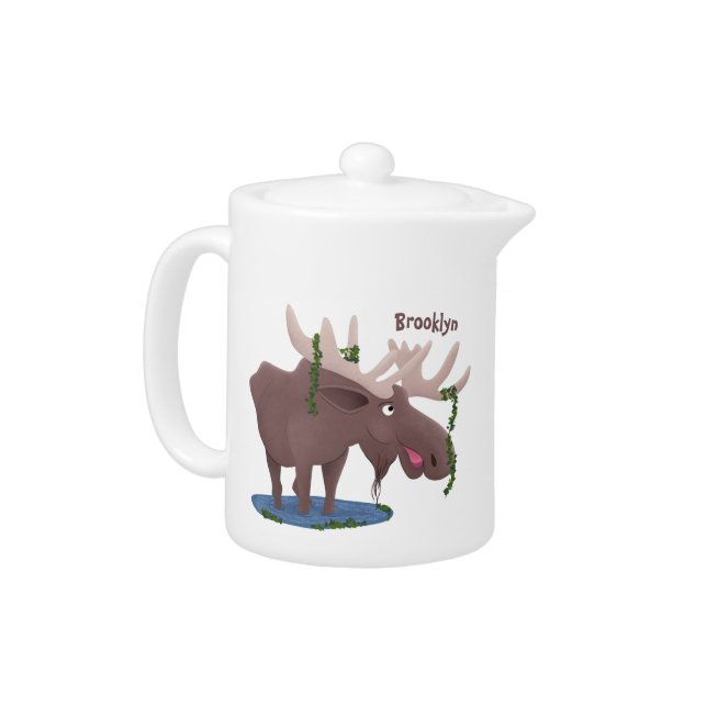 Funny happy moose cartoon illustration teapot (Left)