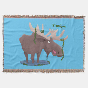 Funny happy moose cartoon illustration throw blanket