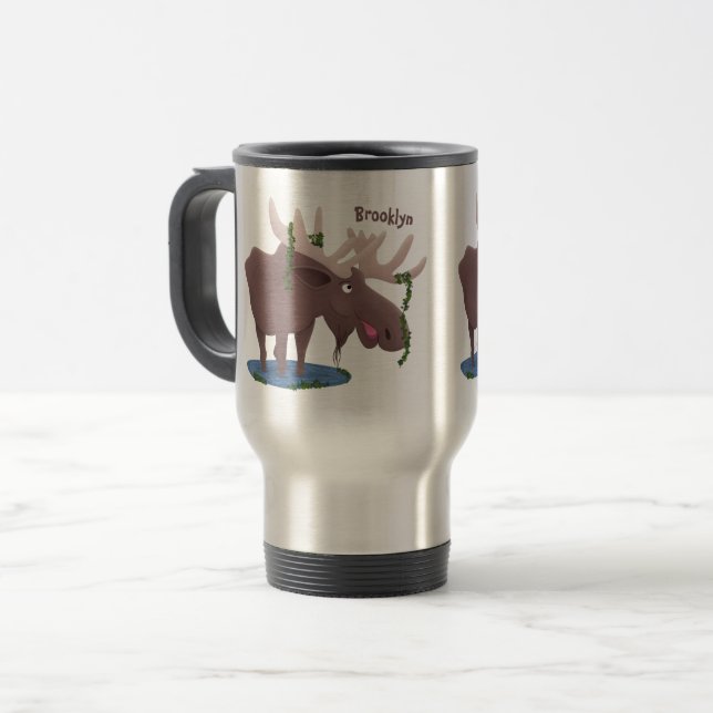 Funny happy moose cartoon illustration travel mug (Front Left)