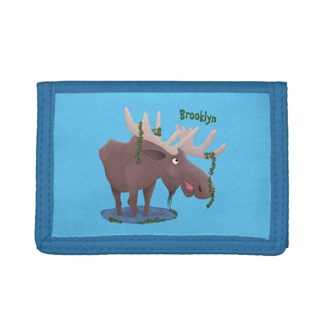Funny happy moose cartoon illustration trifold wallet (Front)