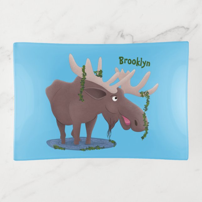 Funny happy moose cartoon illustration trinket tray (Front)