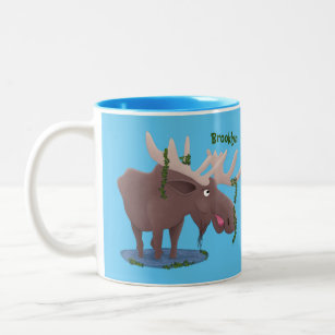 Funny happy moose cartoon illustration Two-Tone coffee mug