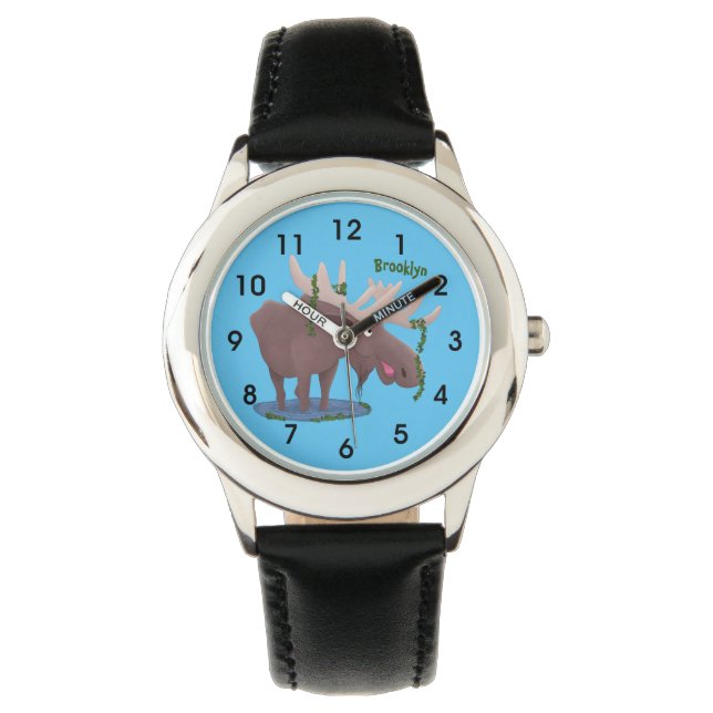 Funny happy moose cartoon illustration watch (Front)