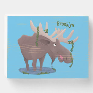 Funny happy moose cartoon illustration wooden box sign