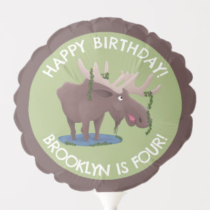 Funny happy moose personalized cartoon birthday balloon