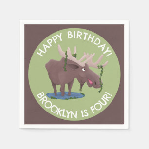 Funny happy moose personalized cartoon birthday napkins