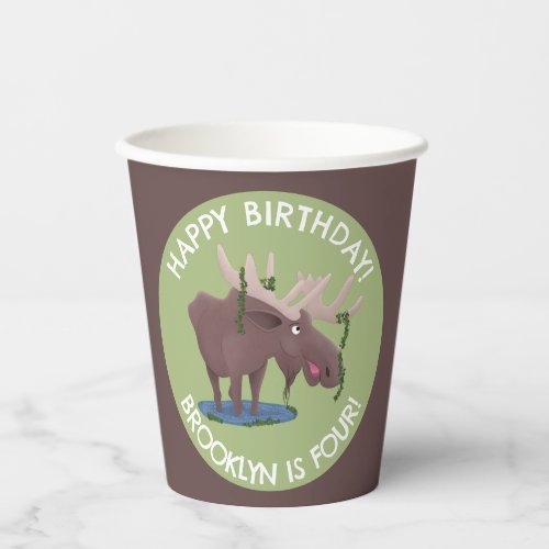 Funny happy moose personalized cartoon birthday paper cups