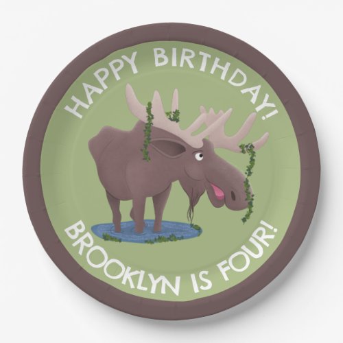 Funny happy moose personalized cartoon birthday paper plates