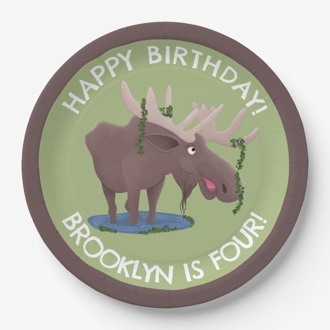 Funny happy moose personalized cartoon birthday paper plates (Front)