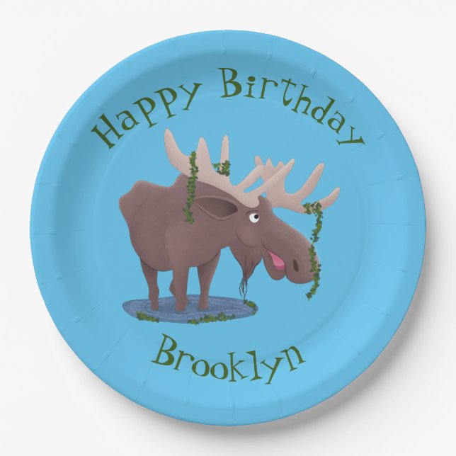 Funny happy moose personalized cartoon birthday paper plates (Front)