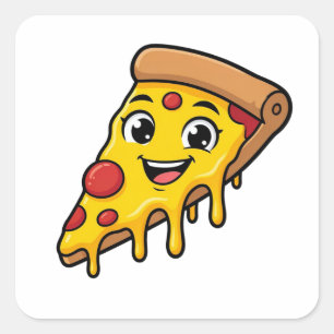 Funny Happy Pizza Slice with Stretchy Cheese Cute Square Sticker