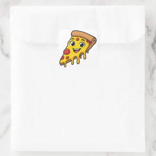 Funny Happy Pizza Slice with Stretchy Cheese Cute Square Sticker