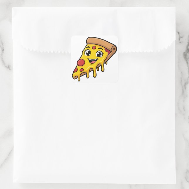 Funny Happy Pizza Slice with Stretchy Cheese Cute  Square Sticker (Bag)