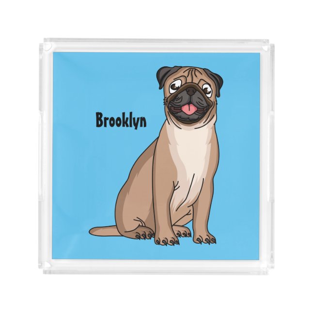 Funny happy pug dog cartoon illustration acrylic tray (Front)