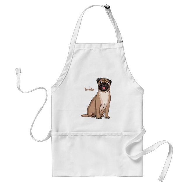 Funny happy pug dog cartoon illustration adult apron (Front)