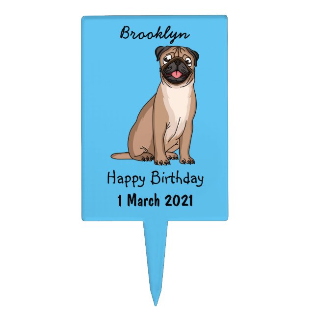 Funny happy pug dog cartoon illustration cake topper (Front)