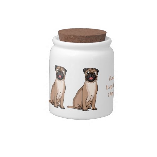 Funny happy pug dog cartoon illustration candy jar