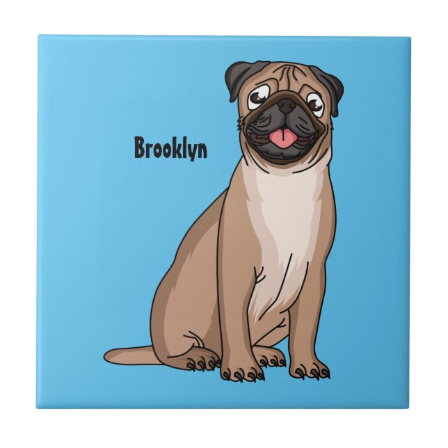 Funny happy pug dog cartoon illustration ceramic tile (Front)