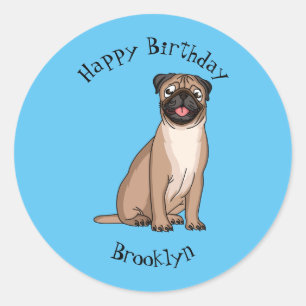 Funny happy pug dog cartoon illustration classic round sticker