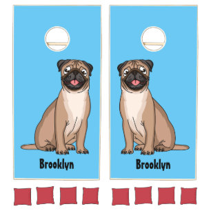 Funny happy pug dog cartoon illustration cornhole set