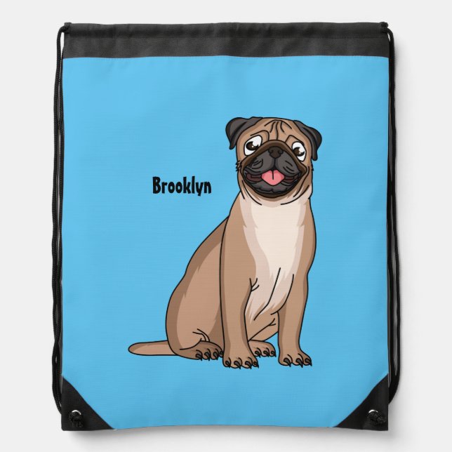 Funny happy pug dog cartoon illustration drawstring bag (Front)