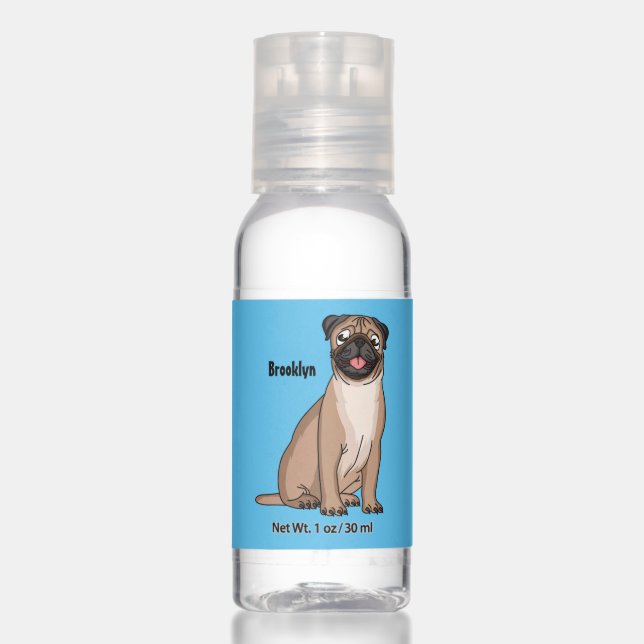 Funny happy pug dog cartoon illustration hand sanitizer (Front)