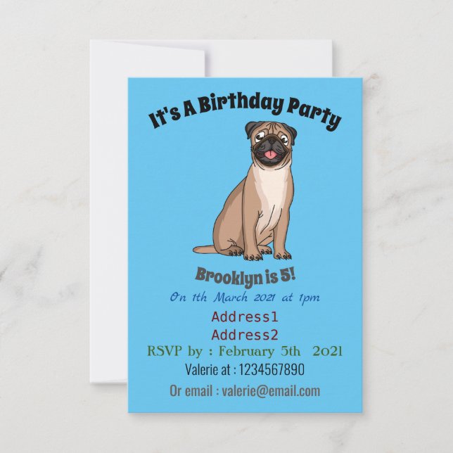 Funny happy pug dog cartoon illustration invitation (Front)