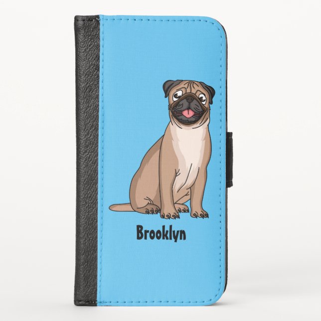 Funny happy pug dog cartoon illustration iPhone wallet case (Front)
