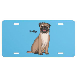 Funny happy pug dog cartoon illustration license plate