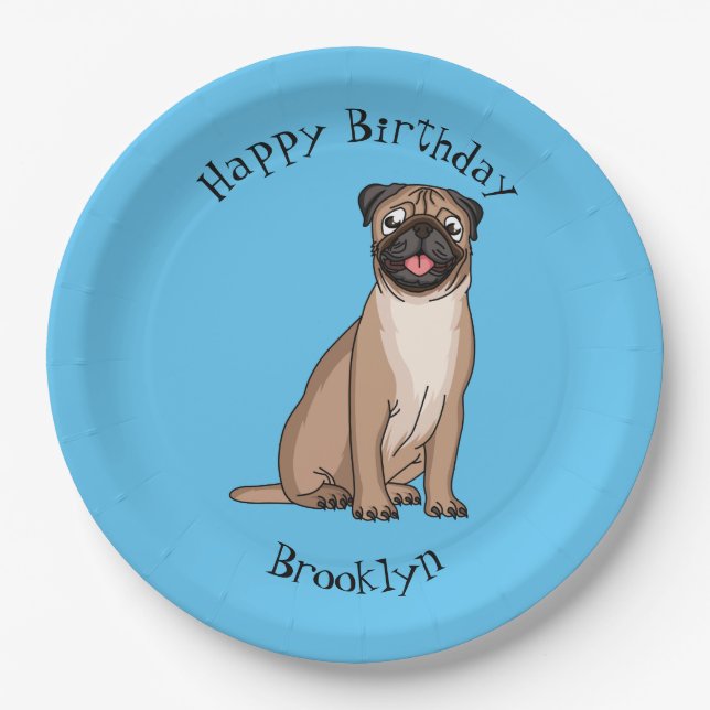 Funny happy pug dog cartoon illustration  paper plates (Front)