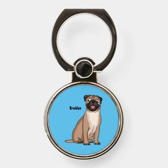 Funny happy pug dog cartoon illustration phone ring stand (Front)