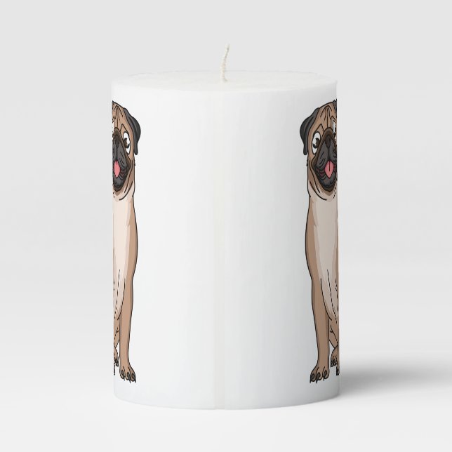 Funny happy pug dog cartoon illustration  pillar candle (Back)