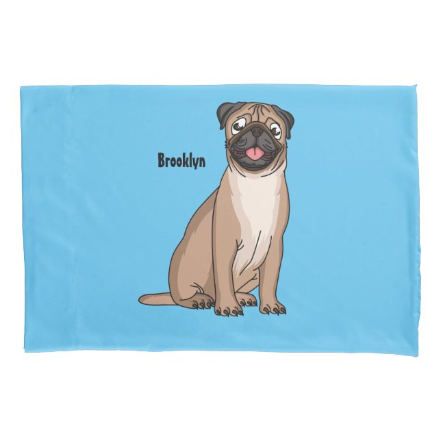 Funny happy pug dog cartoon illustration pillow case (Front)