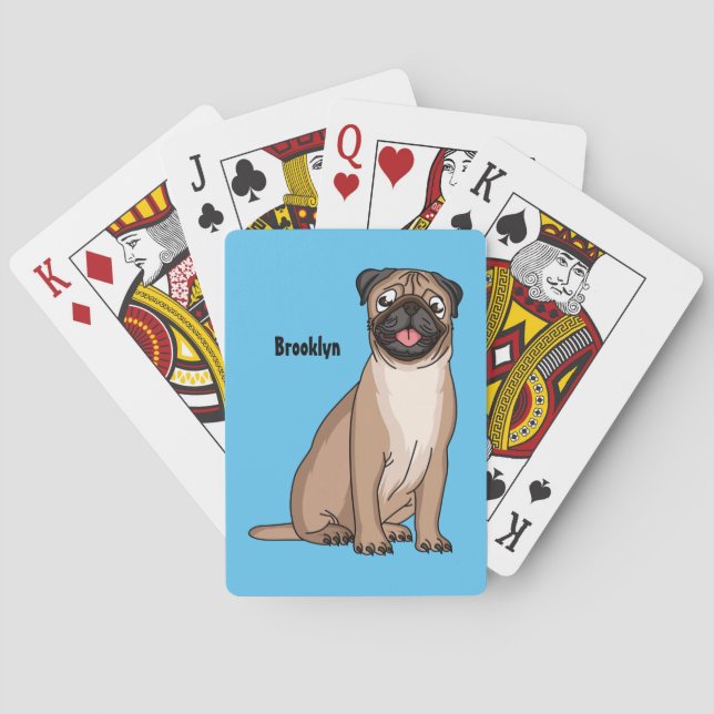 Funny happy pug dog cartoon illustration poker cards (Back)