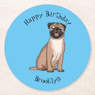 Funny happy pug dog cartoon illustration round paper coaster