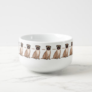 Funny happy pug dog cartoon illustration soup mug