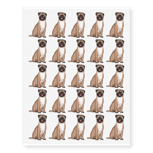 Funny happy pug dog cartoon illustration temporary tattoos (Front)