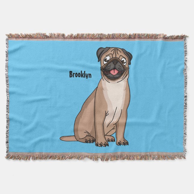 Funny happy pug dog cartoon illustration throw blanket (Front)