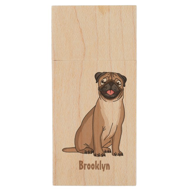 Funny happy pug dog cartoon illustration  wood flash drive (Front Vertical)
