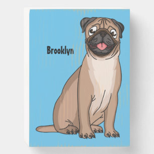 Funny happy pug dog cartoon illustration wooden box sign