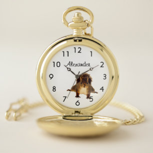 Funny happy red brown squirrel white name pocket watch