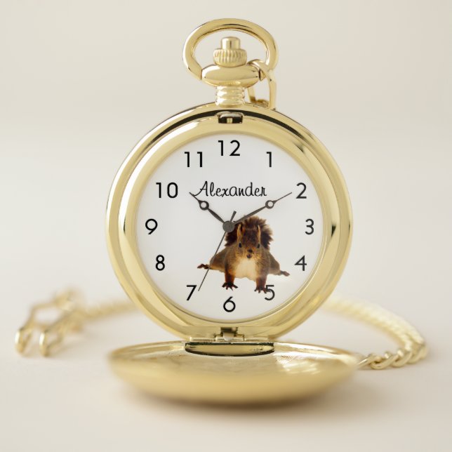 Funny happy red brown squirrel white name pocket watch (Inside)