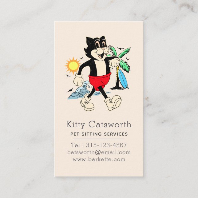 Funny Happy Retro Tropical Cartoon Cat Business Card (Back)
