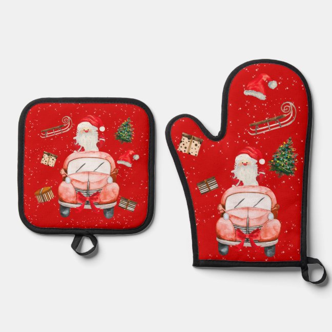 Funny Happy Santa Christmas cartoon Oven Mitt & Pot Holder Set