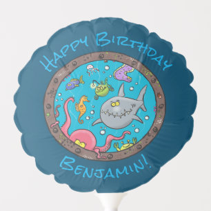 Funny happy sea creatures underwater cartoon balloon