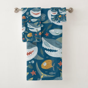 Funny Happy Shark Blue Ocean Animal Pattern Bath Towel Set